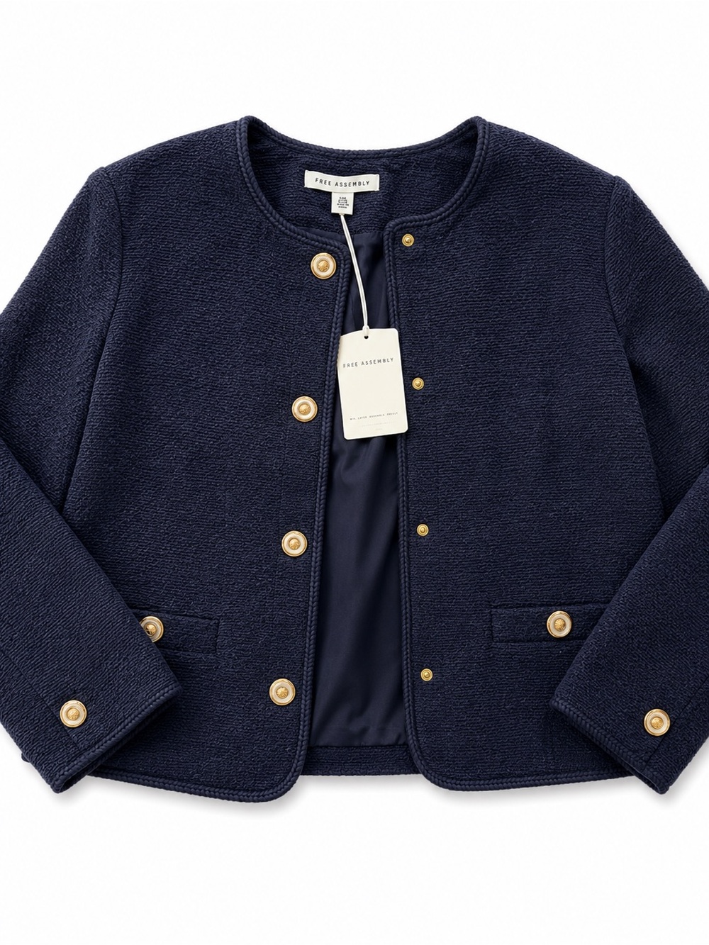 NWT Free Assembly Women’s Textured Nubby Collarless Jacket Navy Gold Buttons XXL